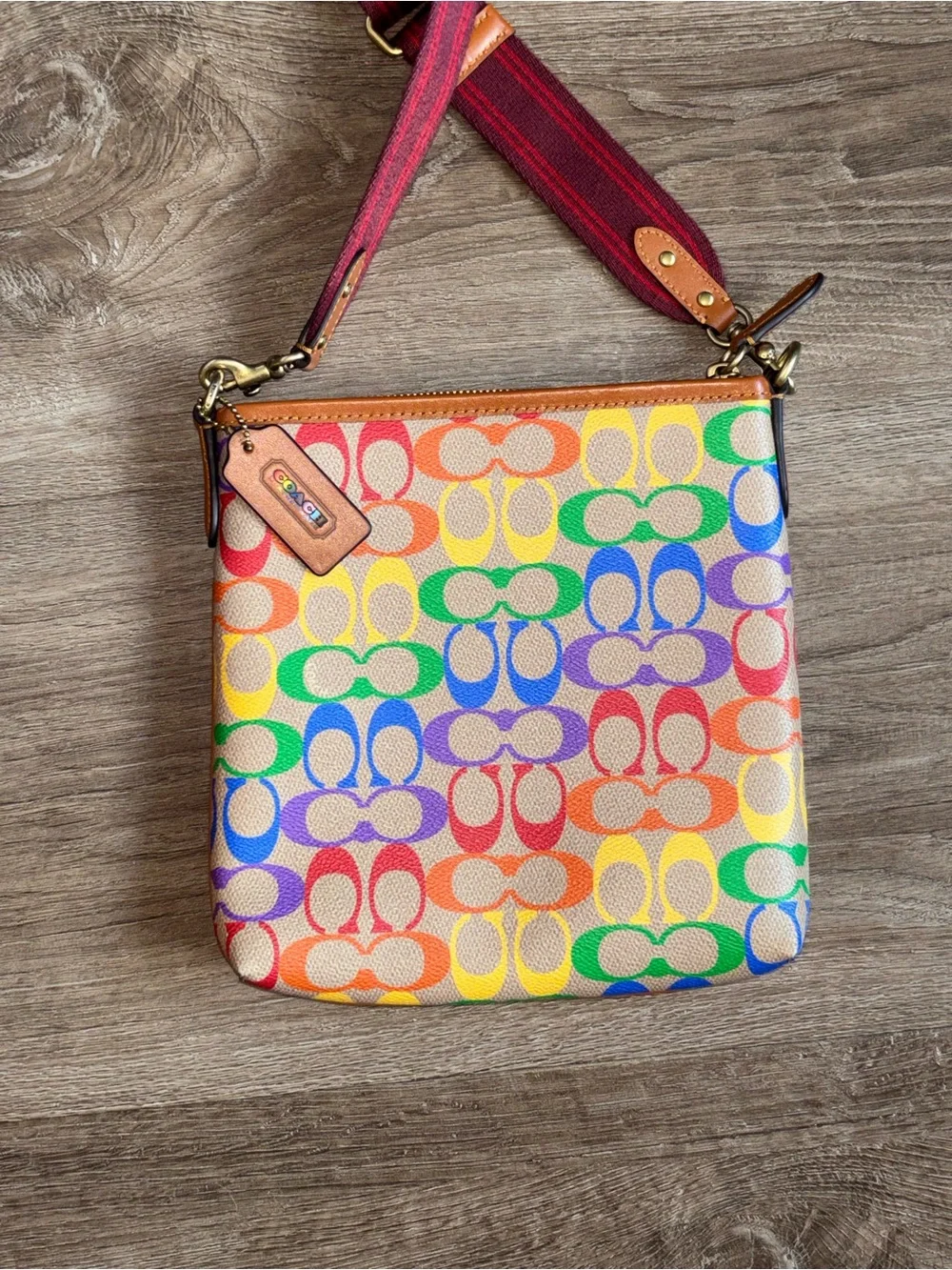 Coach Rainbow Signature Crossbody with Maroon Adjustable Strap